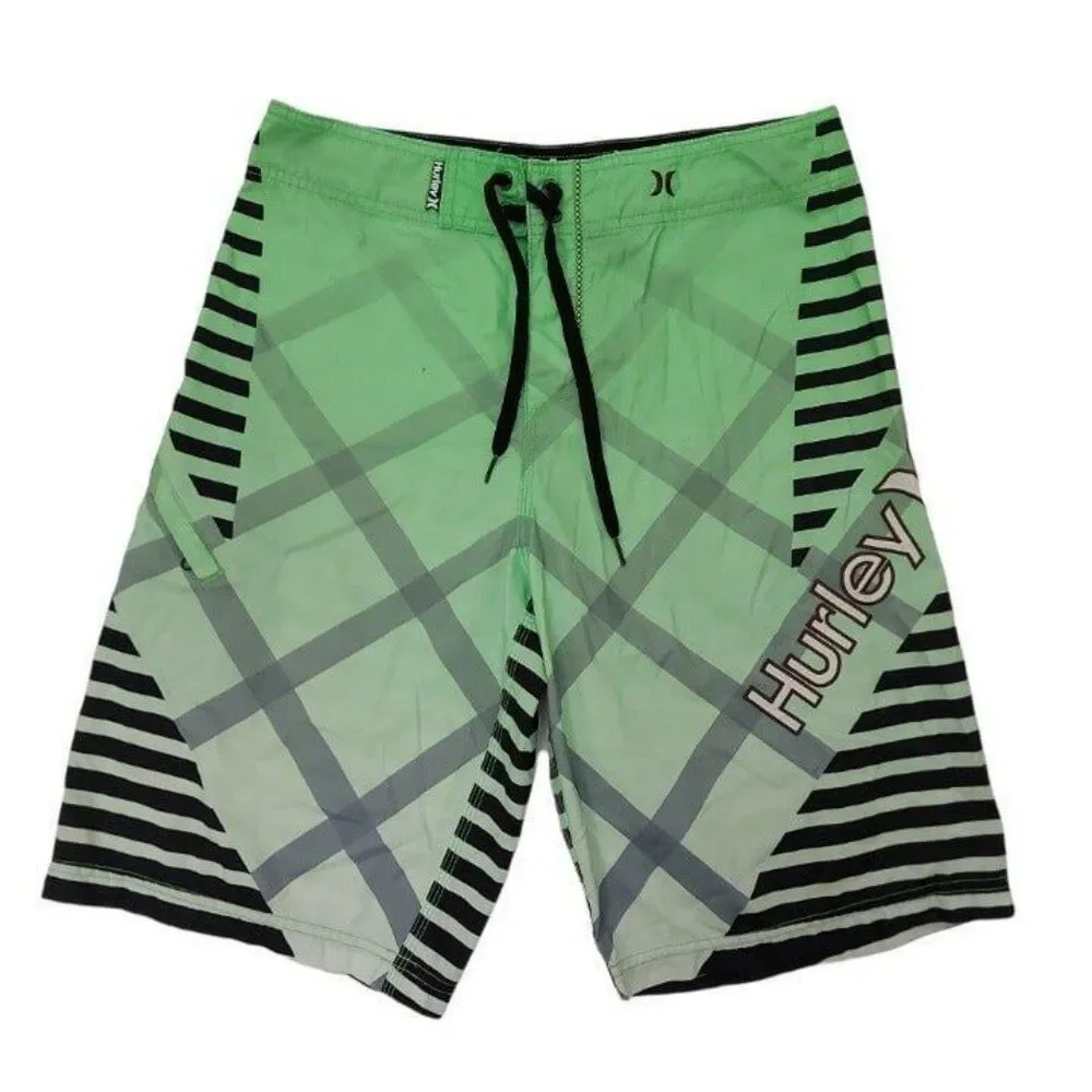 Hurley Board Shorts Mens 30 Green Striped Drawstring Swim Surf Summer Beach